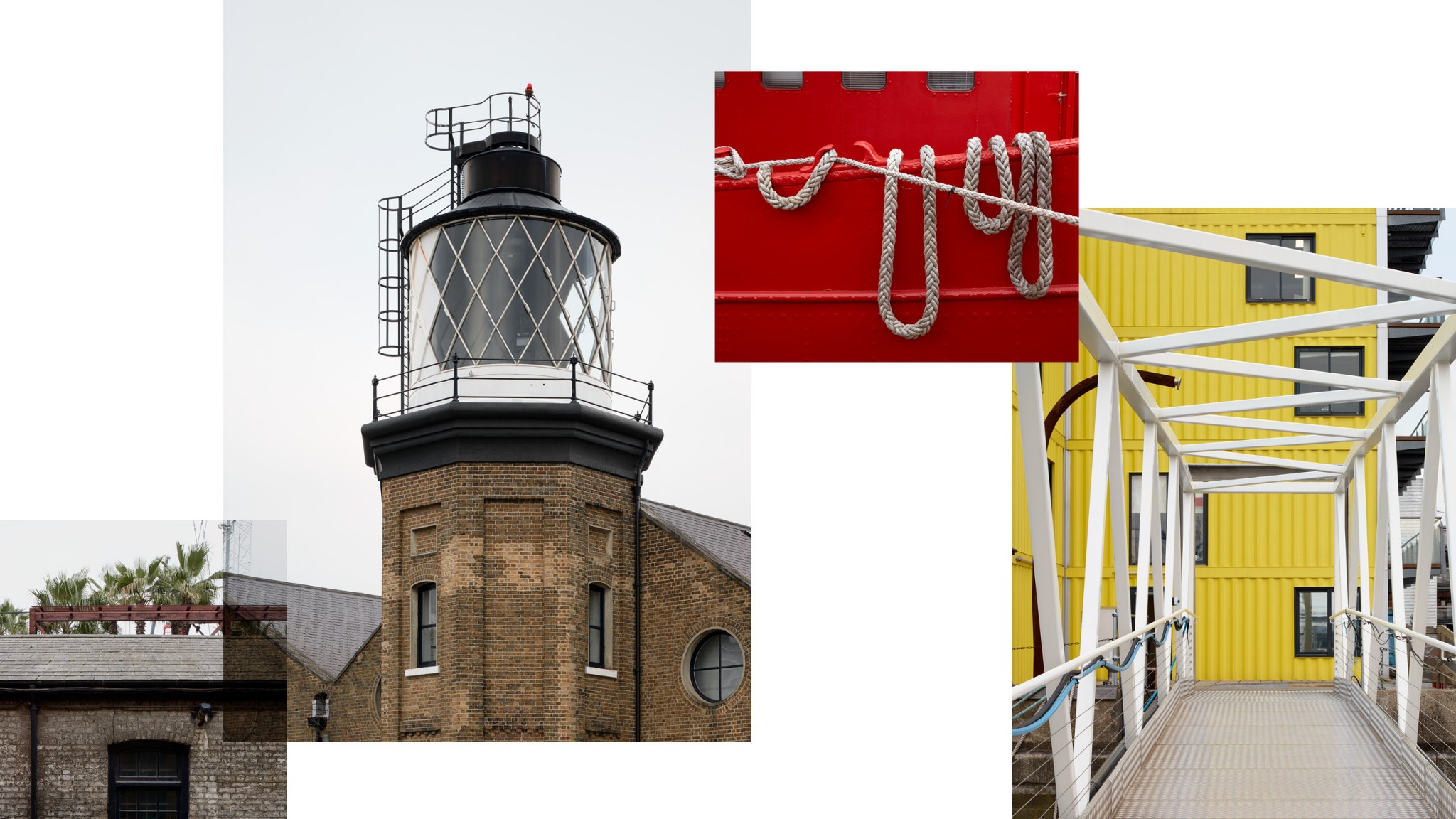 Image of a collage made up from 4 images including 3 closeups of building exteriors and the top of a lighthouse