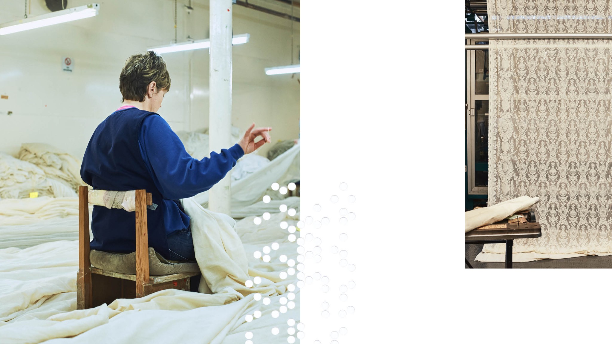 Two images, one of a woman hand weaving and one fabric on a clipping machine