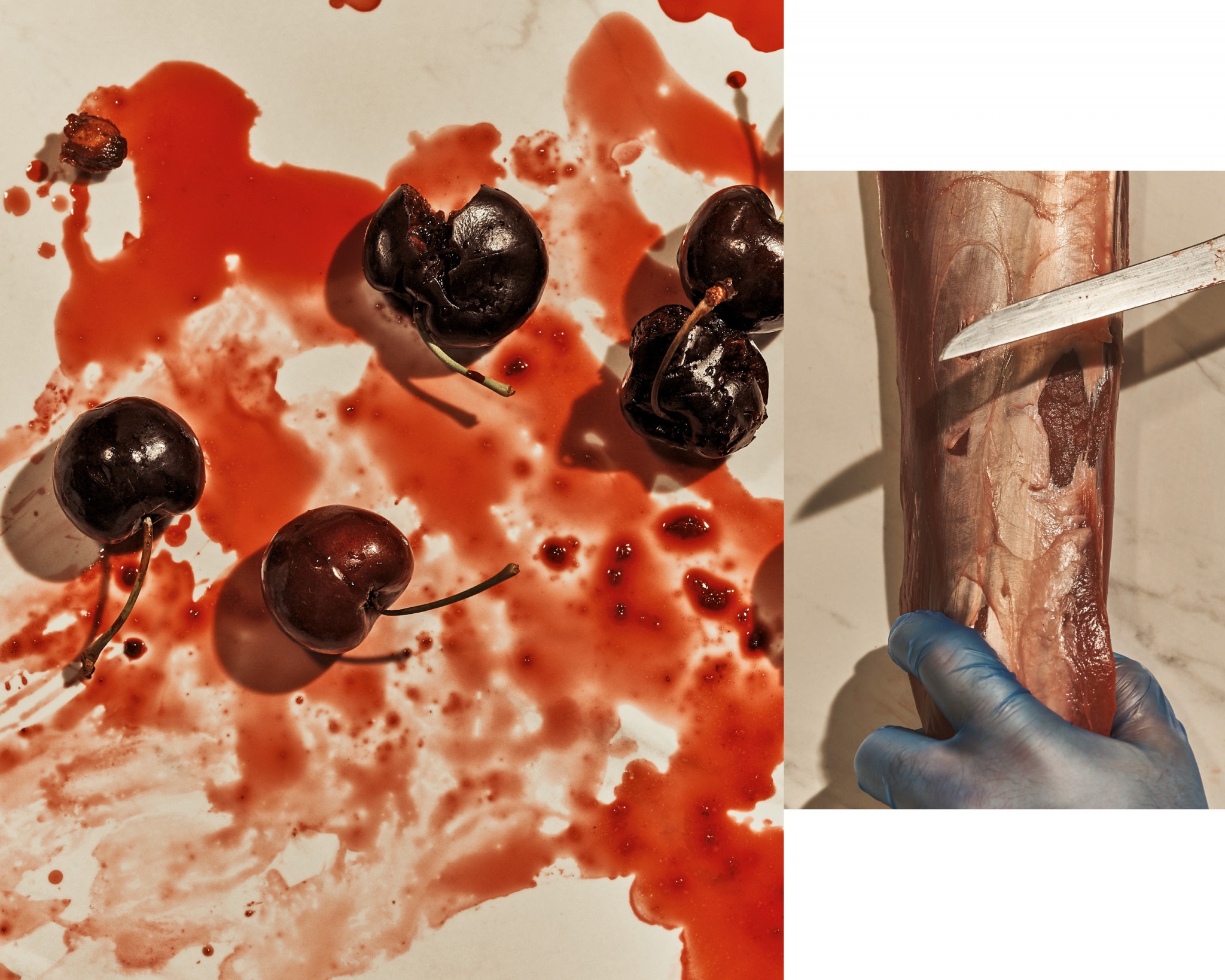 Two closeup images of cherries and someone cutting a piece of venison