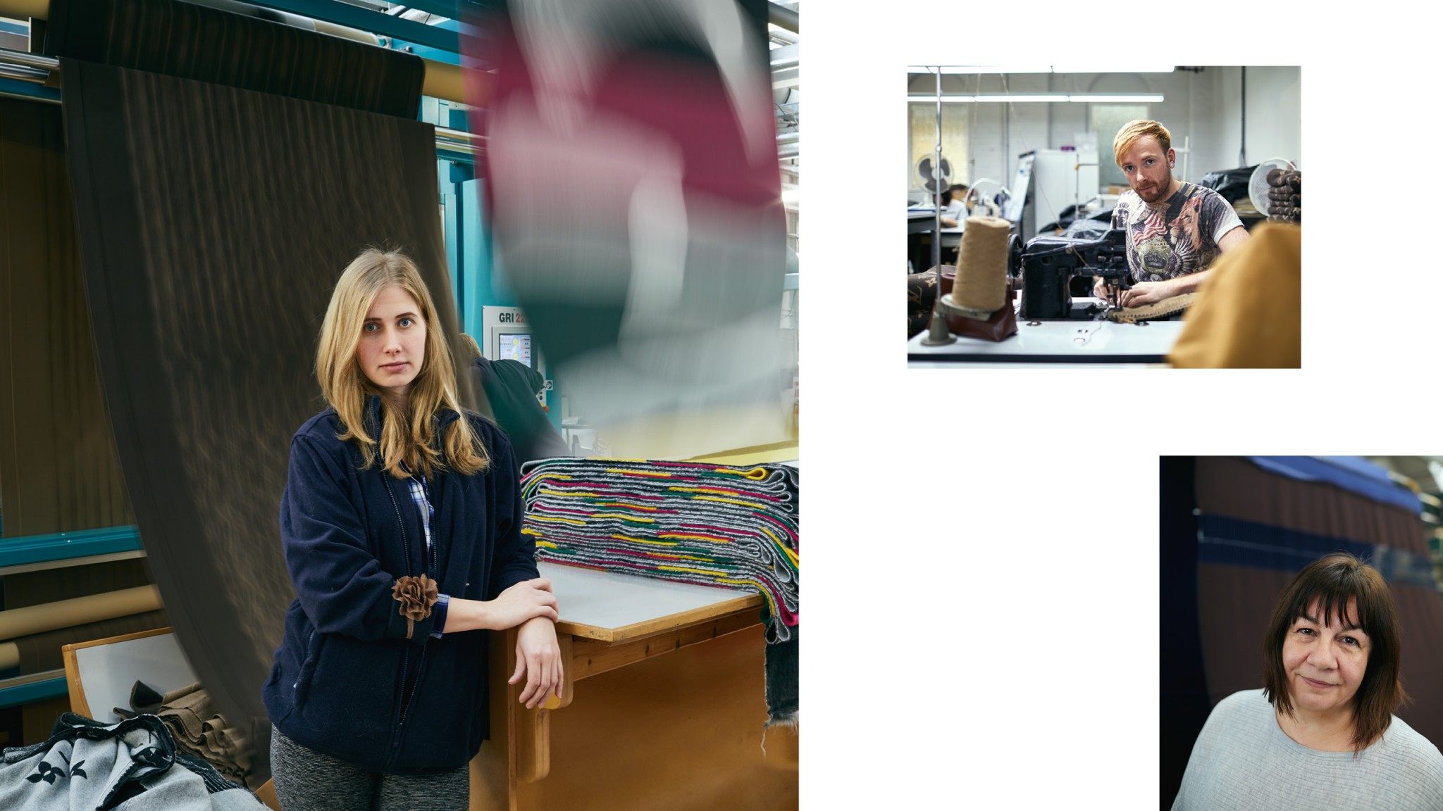 Image of a collage of three images, woman standing next to fabrics, man on a sewing machine and closeup of a woman