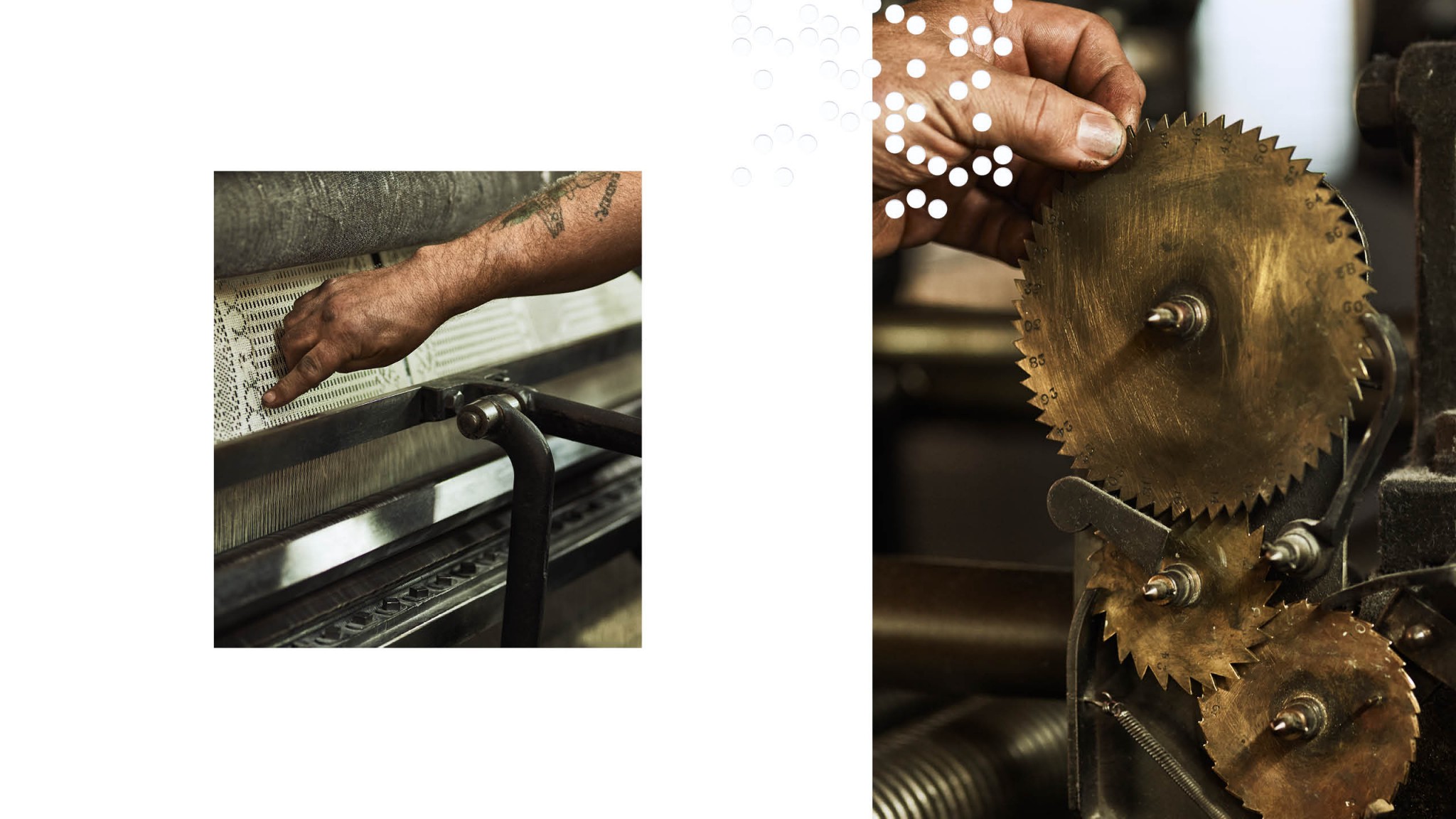 Two images. one of a shawl being woven and one of a closeup of a rack clock