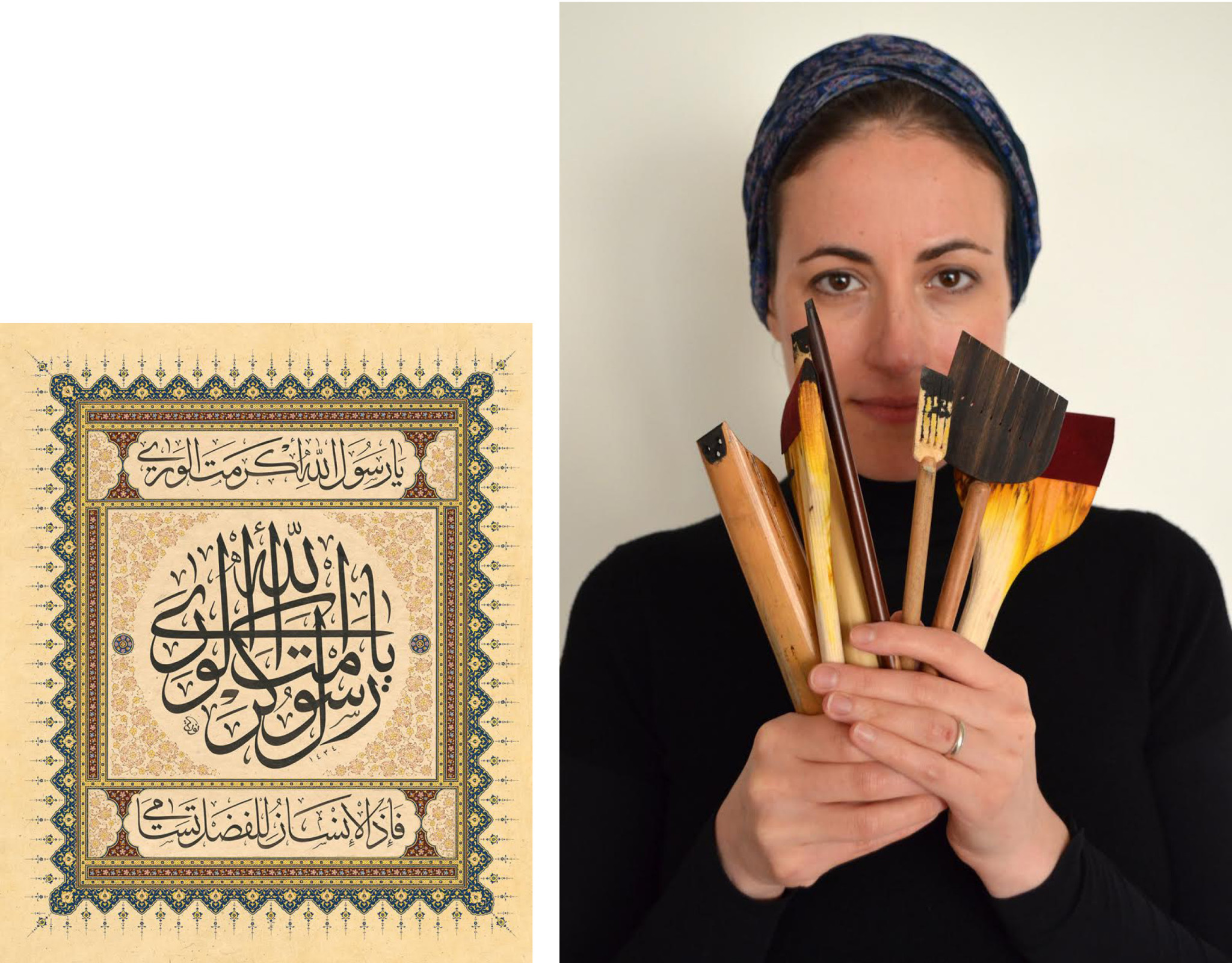 Two images: Work by the artist and the artist holding pencils