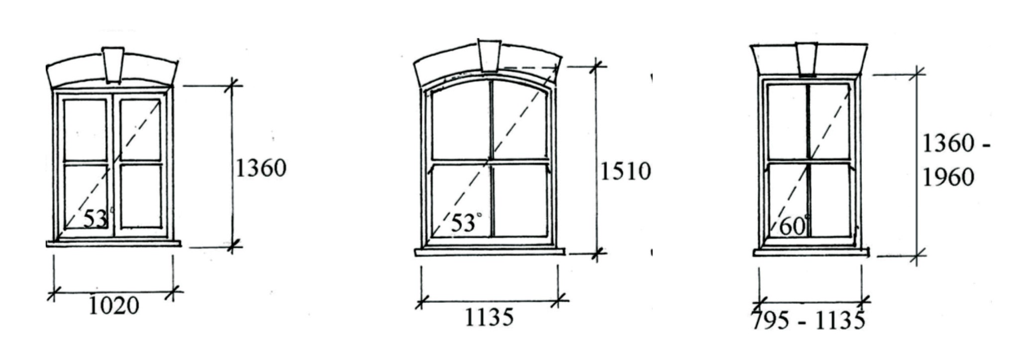 Sketch of three windows with measurements