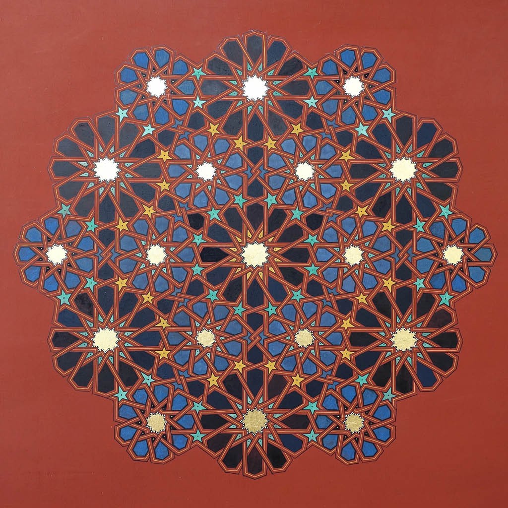 Image of a zouaq painting in the shape of a flower made up of 21 detailed flowers