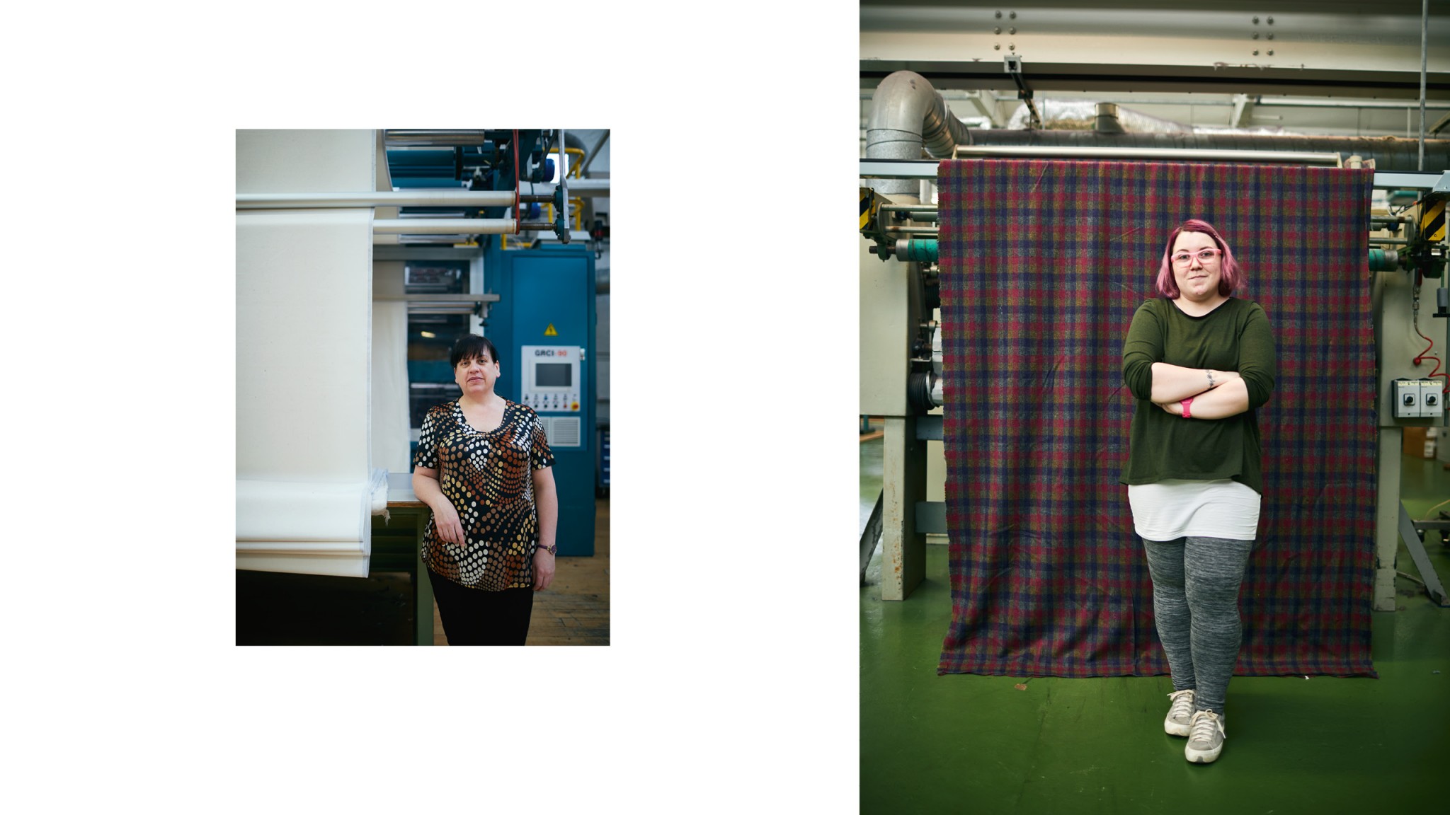 Two images, two different women standing next to fabric