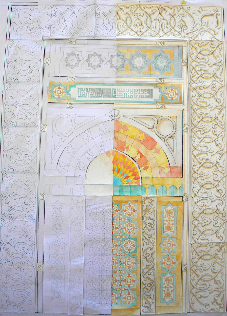 A photo of Gypsum and ceramic tiles mihrab design