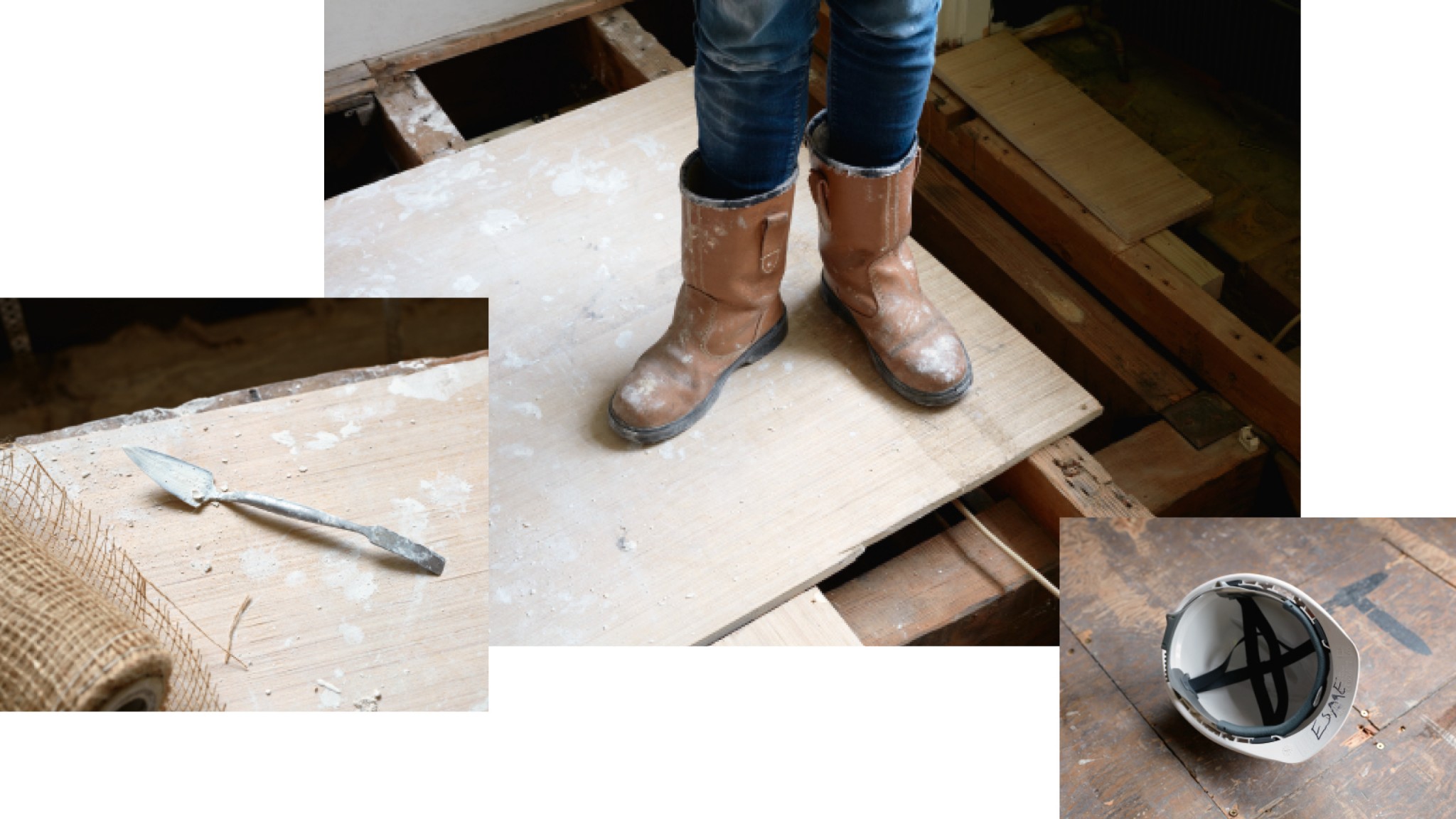 Three images of tools, closeup of boots and a hard hat