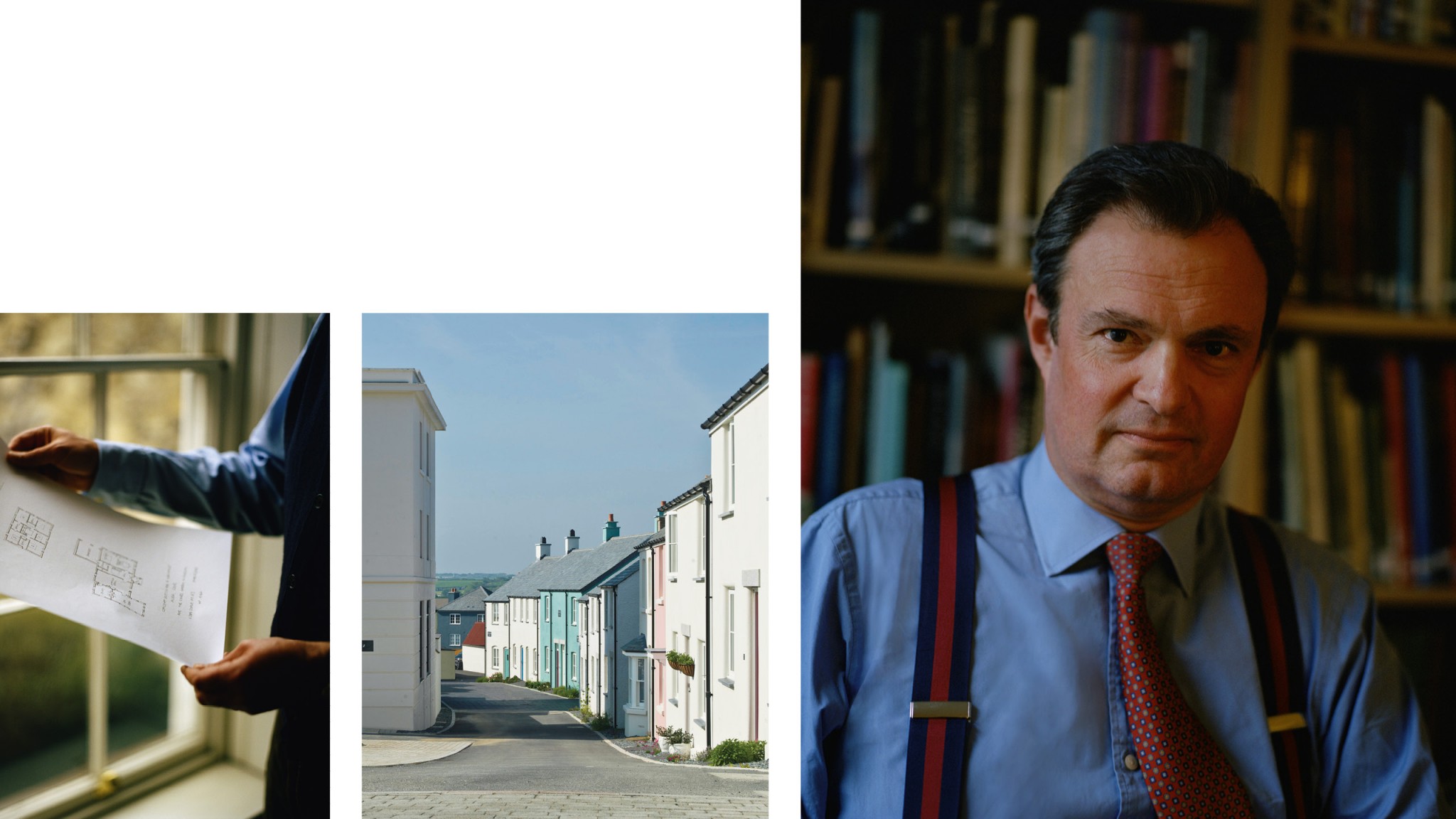 Three images: one of footprint plans; a row of terraced houses at Nansledan; Hugh Petter